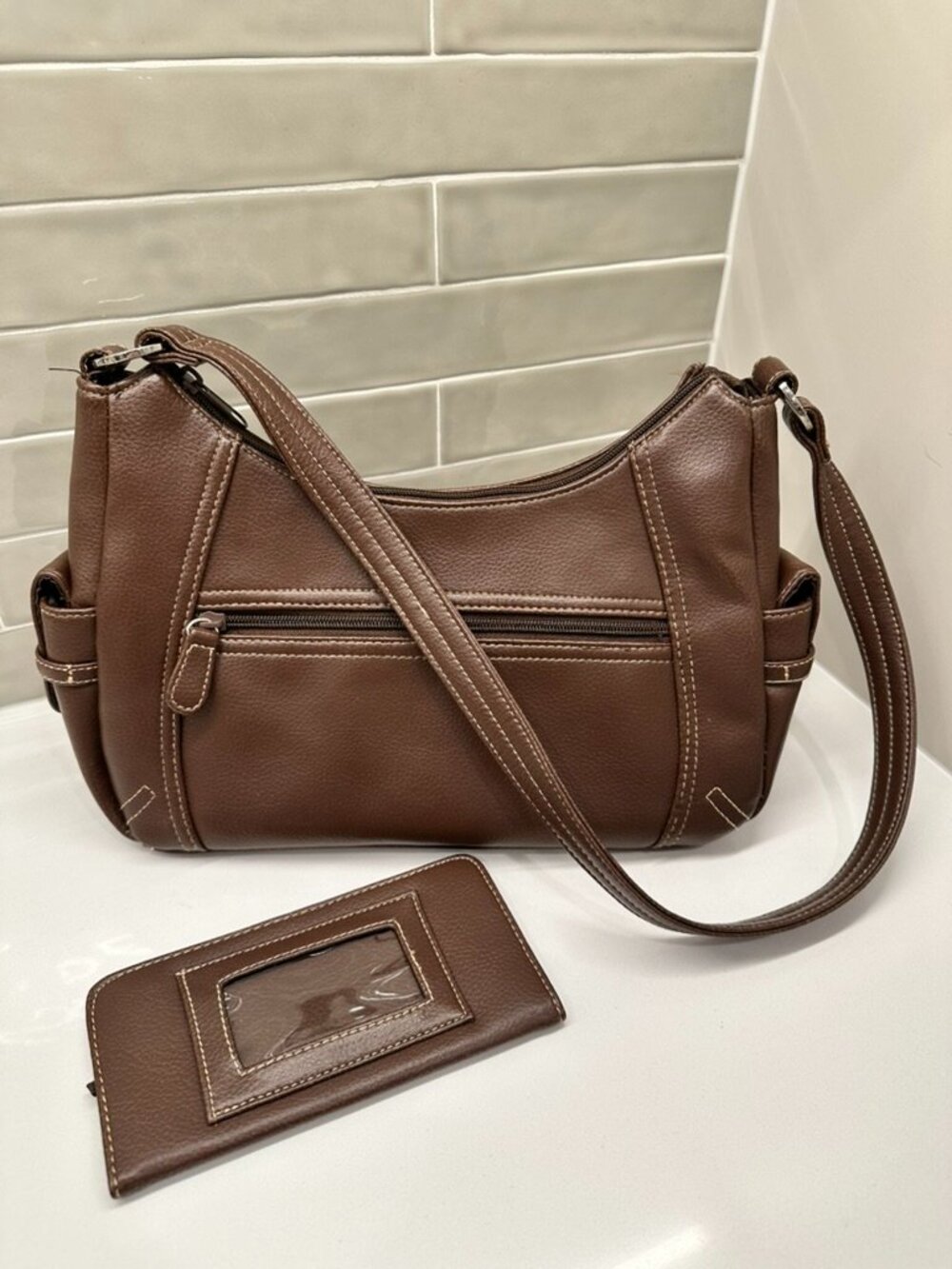 Brown pebbled faux leather shoulder bag